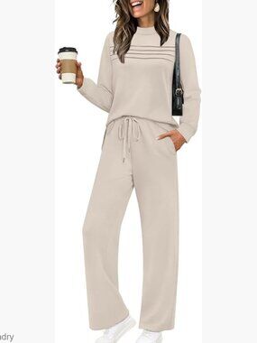 Long Sleeve Lounge Set with Wide Leg Pants, Relaxed Fit, Lightweight Fabric